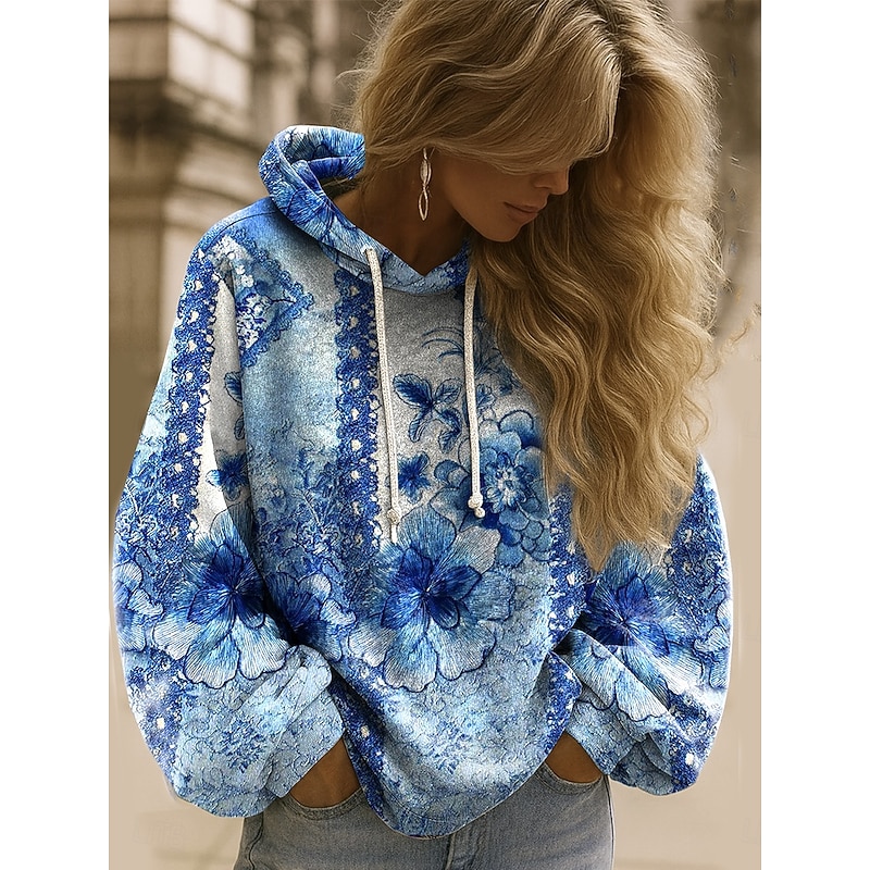 Women's Pullover Hoodie Sweatshirt Floral Graphic Elegant Warm Active Long Sleeve Hooded Regular Tops Street Dailywear Casual Patchwork Print Blue Dark Blue Light Blue Spring Fall Winter2