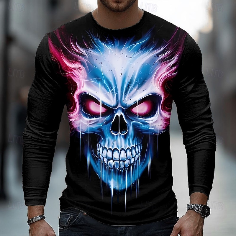 Halloween Men's Skull 3D T Shirt Long Sleeve T shirt 3D Print Crew Neck Shirt Fashion Exaggerated Street Casual Daily Lake Blue Blue Green Summer Spring Fall Clothing Apparel S M L XL XXL XXXL3