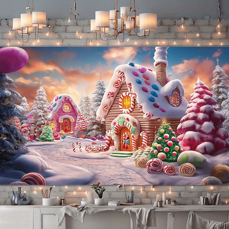 Chrismas Hanging Tapestry Gingerbread House Christmas Tree Snowy Castle Snow Covered Street Large Wall Art Mural Decor Blanket Curtain Holiday Home Bedroom Living Room Festive Party Decoration
