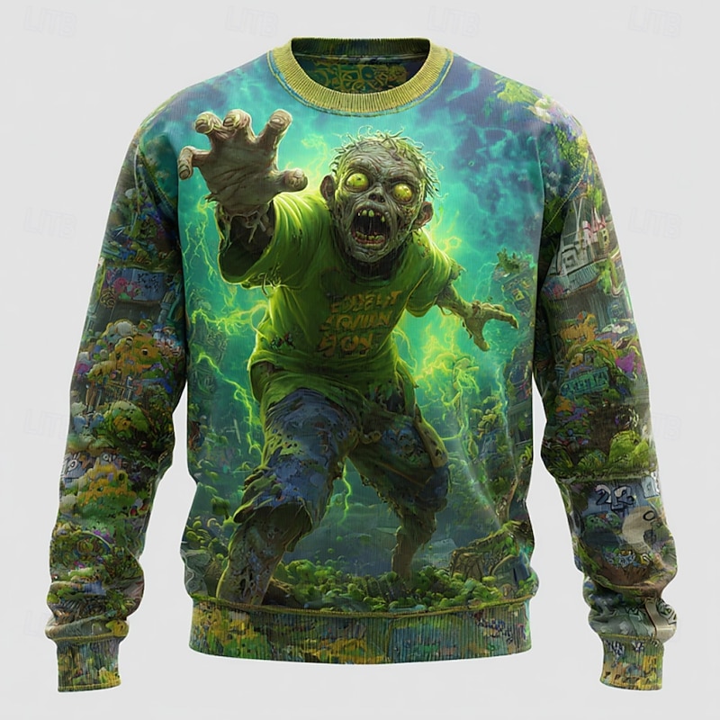 Halloween Men's Zombies Pullover Sweater Jumper Knitwear Crewneck Casual Dark Street Daily Festival 3D Print Knitting Keep Warm Long Sleeve Spring Fall Winter Green 1# Green 2# Green 3#