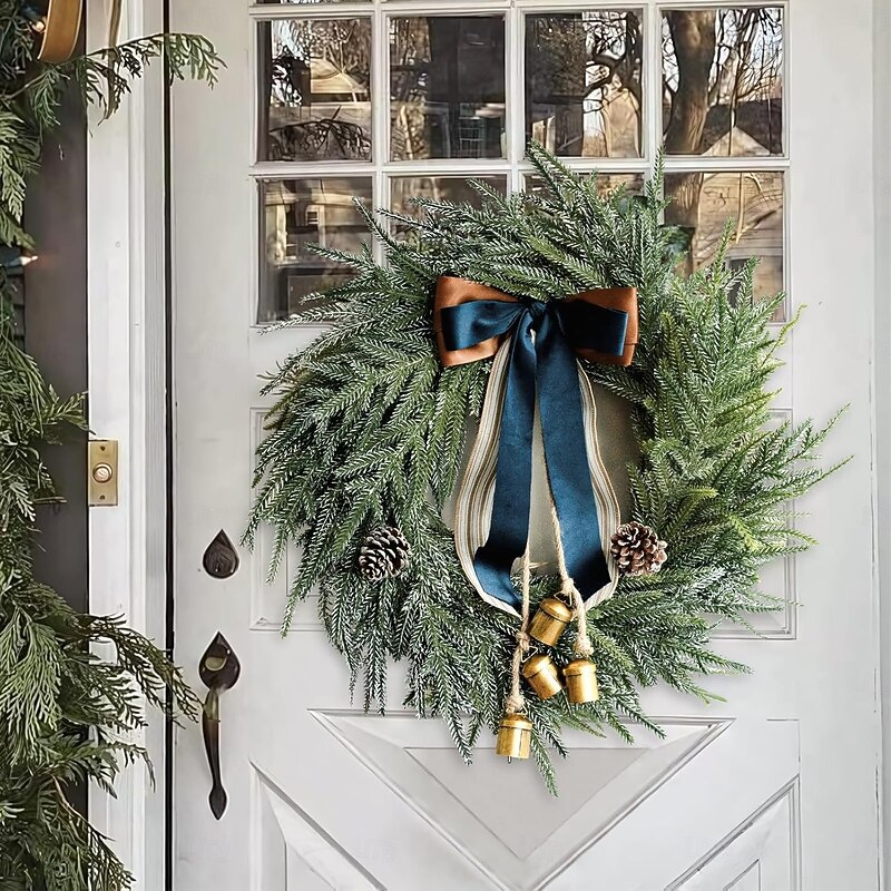 Christmas Norfolk Pine Christmas Wreath with Bells and Ribbon Decorations Artificial Pine Greenery Winter Wreath for Home Table Wall Window Porch Door Indoor Outdoor Decor2