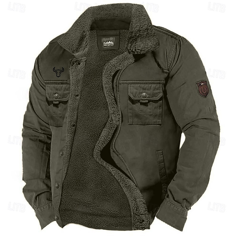 Men's Cow Print Fleece Jacket Cargo Jacket Sherpa Jacket Thermal Warm Vintage Casual Outdoor Home Multiple Pockets Cotton Jackets Winter Coats Fall Winter Fleece Turn-Down Collar Long Sleeve khaki3