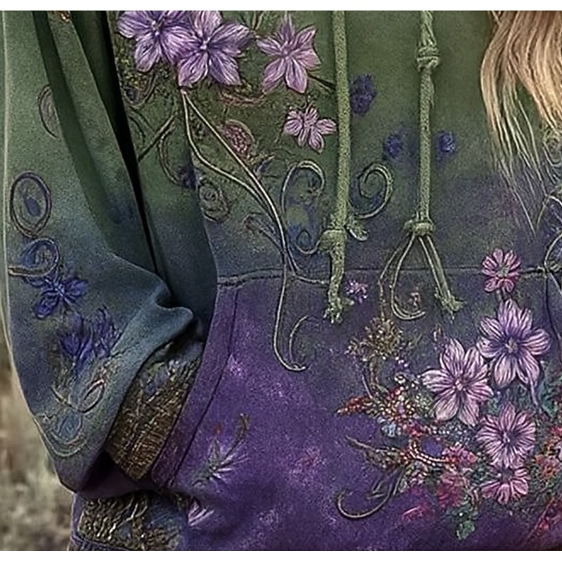 Women's 3D Print Vintage Boho Hoodie Patchwork Hoodie Sweatshirt Floral Pullover Sweatshirt Casual Long Sleeve Hooded Street Dailywear Front Pocket Grass Light Pink Purple Green Spring Fall Winter2