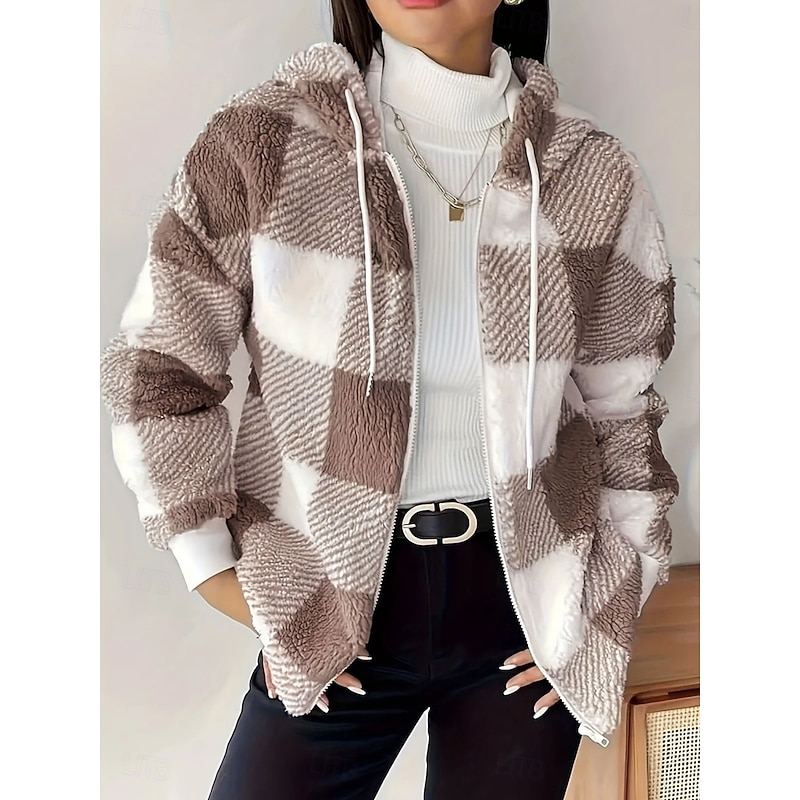 Women's Fleece Jacket Teddy Coat Comfortable Breathable Pocket Buttons Print Casual Plaid Vacation Street Casual Daily Wear Zipper Regular Hooded Regular Fit Long Sleeve Outerwear Brown Spring Fall