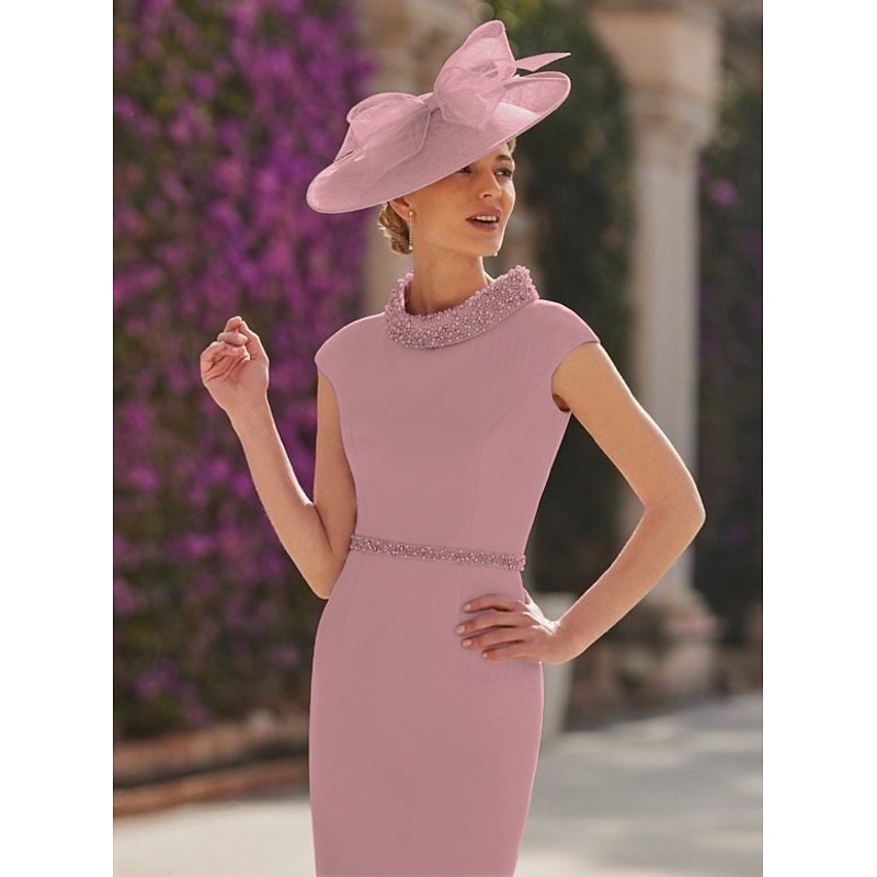 Dress Sets Mother of the Bride Formal Wedding Guest Elegant Vintage Jewel Neck Tea Length Stretch Fabric 3/4 Length Sleeve with Lace Pearls Race Day Dress4