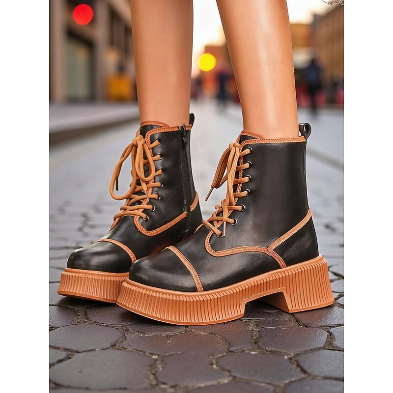 Women's Chunky Platform Lace-Up Ankle Boots - Retro Contrast Trim Street Style Shoes for Casual and Party Wear2
