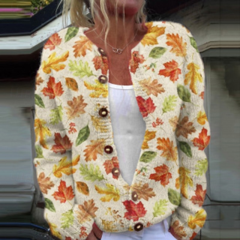 Women's Sweater Cardigan Streetwear Casual Floral Crew Neck V Neck Knitted Print Long Sleeve Regular Tops Knit Daily Holiday Going out White Yellow Fall Winter