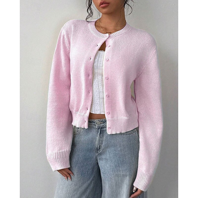 Women's Sweater Cardigan Streetwear Casual Solid Color Crew Neck Buttons Knitted Long Sleeve Regular Tops Knit Daily Holiday Going out Black White Fall Winter