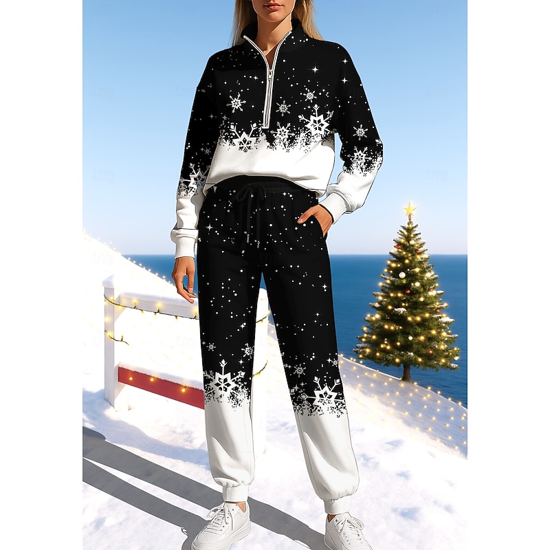 Christmas Women's Sweatshirt Tracksuit Sweatsuit Drawstring Zipper Jacket and Sweatpants Athletic Clothing Set Spring Black with White Casual Workout Outdoor Soft Baggy Long Sleeve Sport Activewear3