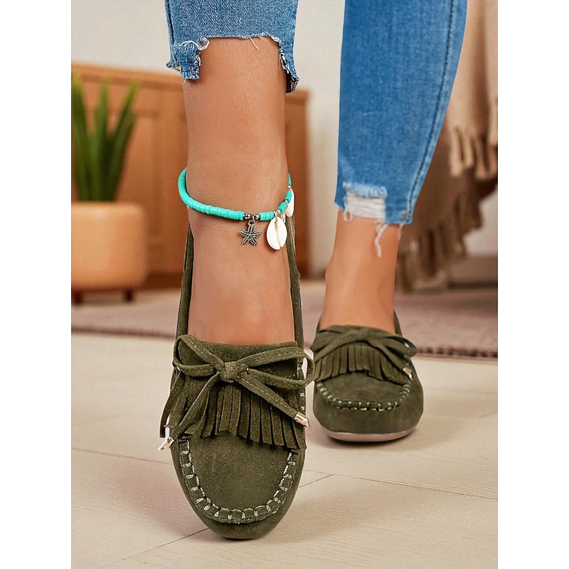 Women's Army Green Faux Suede Moccasin Loafers with Tassel and Fringe – Casual Driving Flats for Daily Wear and Walking2