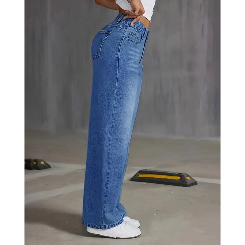 Women's Jeans Culottes Wide Leg Chinos Vacation Vintage Streetwear Full Length Medium Waist Plain Pocket Elastic Waist Comfortable Inelastic Micro-elastic Outdoor Vacation Daily Blue Fall Winter2
