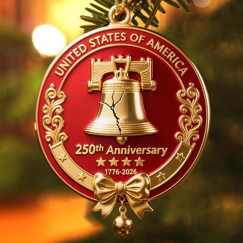 United States 250th Anniversary Liberty Bell Ornament Vintage Bell Christmas Tree Decor with Patriotic Commemorative Detailing Metal Hanging Keepsake for Home Garden Party Holiday Decoration4