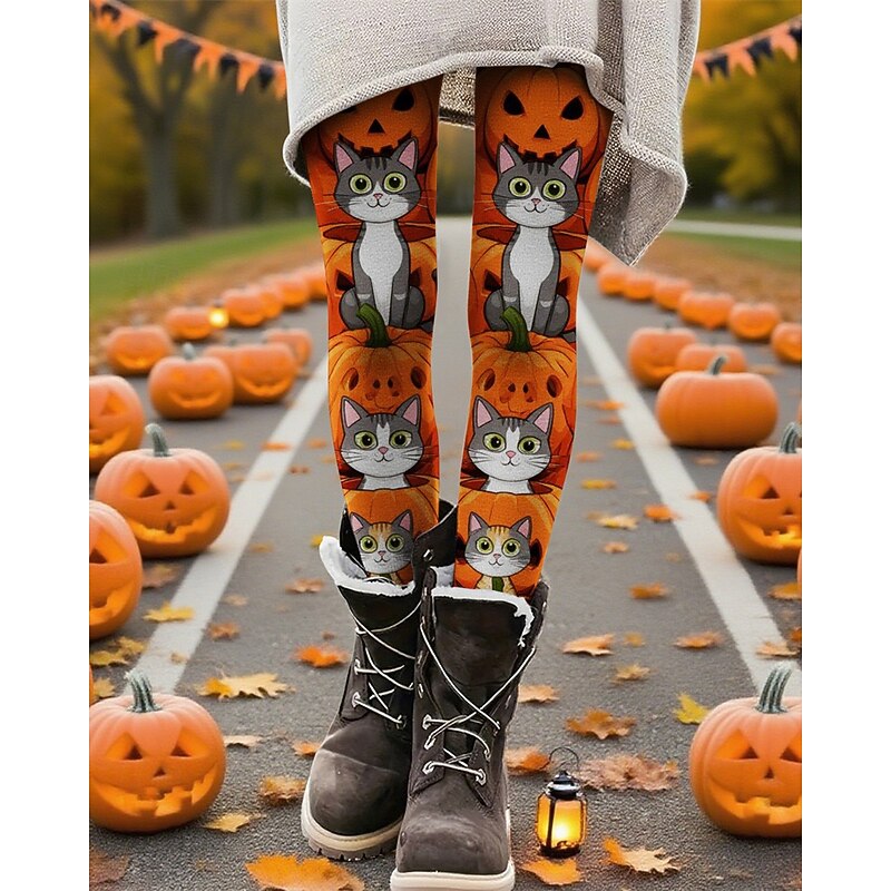 Women's Pants Trousers Leggings Cozy Leggings Streetwear Casual Full Length High WaistPantsHalloween Cat Pumpkin Elastic Waist Print Breathability Comfortable Stretchy Vacation Street Daily Wear3
