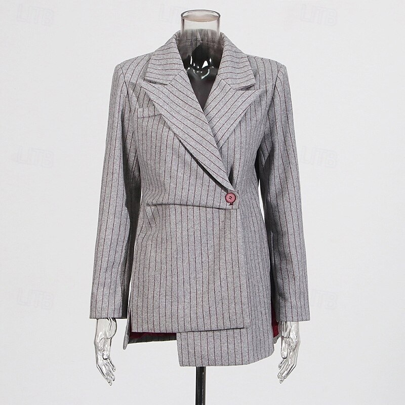 Women's Pinstriped Blazer Sport Coat Fit & Flare Formal Wedding Guest Woven Elegant Long Sleeve Peaked Lapel Double Breasted2