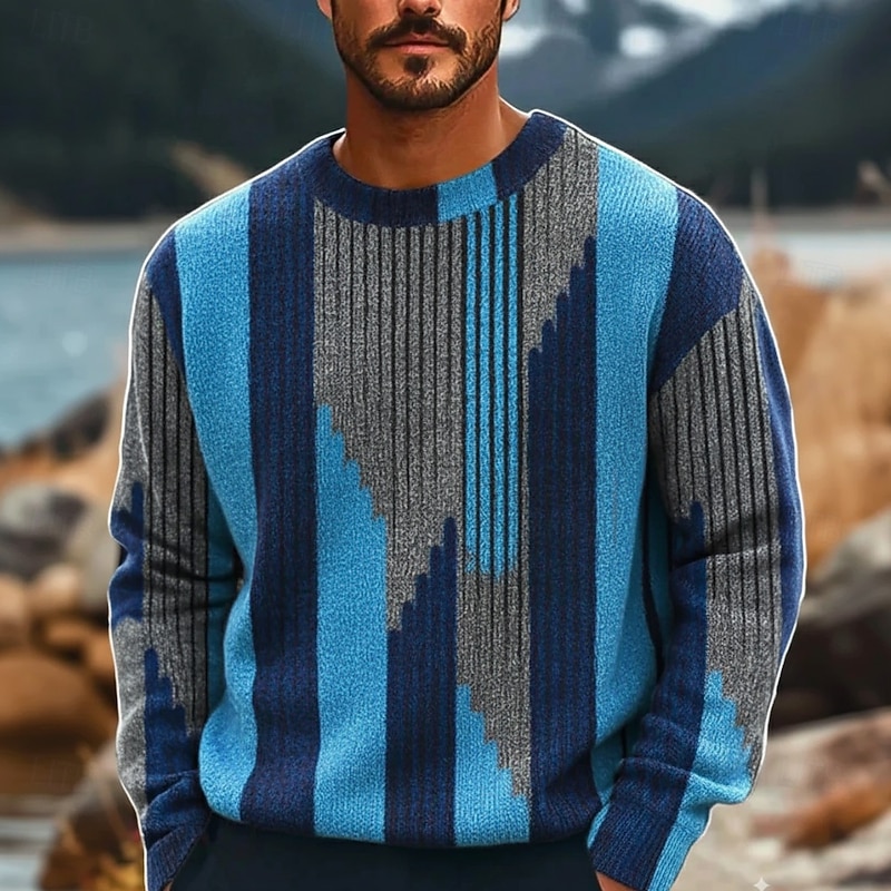 Men's Geometric Color Block Striped Pullover Sweater Jumper Knitwear Crewneck Casual Vacation Home Street 3D Print Knitting Keep Warm Long Sleeve Spring Fall Winter Red Blue Purple