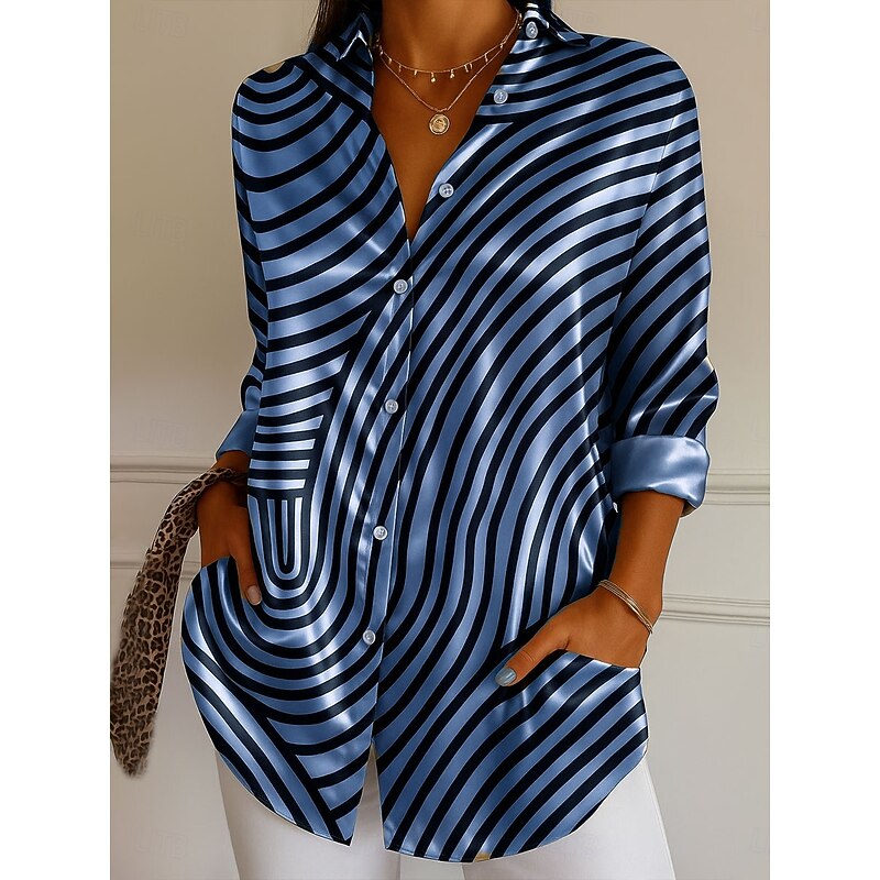 Women's Shirt Dressy Tops Formal Work Shirt Graphic Geometric Striped Elegant Stylish Modern Long Sleeve Collar Party Evening Wear Daily Blue Purple Green Khaki Gray Summer Fall Winter Spring, Fall3