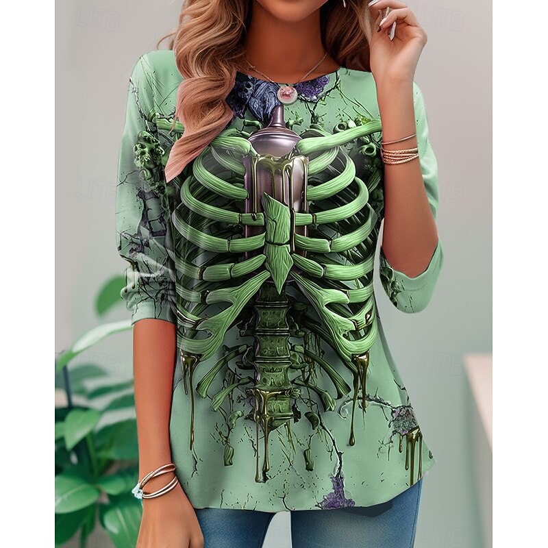 Halloween Women's T Shirt Skeleton Skulls Graphic Skeleton Vintage Fashion Stylish Long Sleeve Crew Neck Round Neck Regular Tops Daily Weekend Print Yellow Pink Purple Green Summer Spring Fall