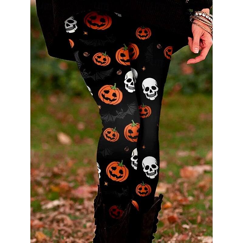 Women's Leggings Vacation Vintage Fashion Ankle-Length High WaistPantsHalloween Graphic Skull Pumpkin Printing Soft Breathable Stretchy Vacation Street Causal Black 1# Black Orange Fall Winter Slim4