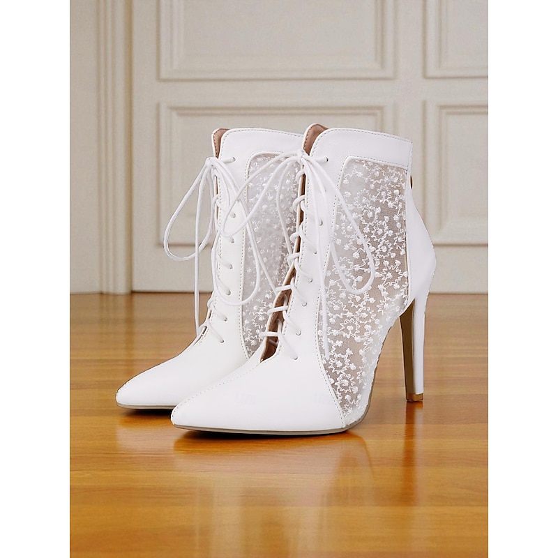 Women's White Lace Mesh Ankle Booties with Stiletto Heels and Side Zipper – Elegant Lace-Up High Heel Shoes for Wedding, Prom and Formal Events