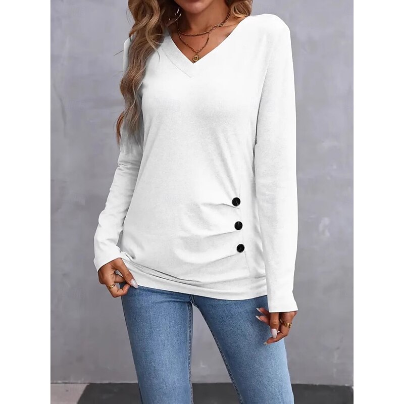 Women's Blouse Solid Color Stylish Casual Long Sleeve V Neck Regular Tops Daily Patchwork Buttons Black White Green Gray Spring Fall3