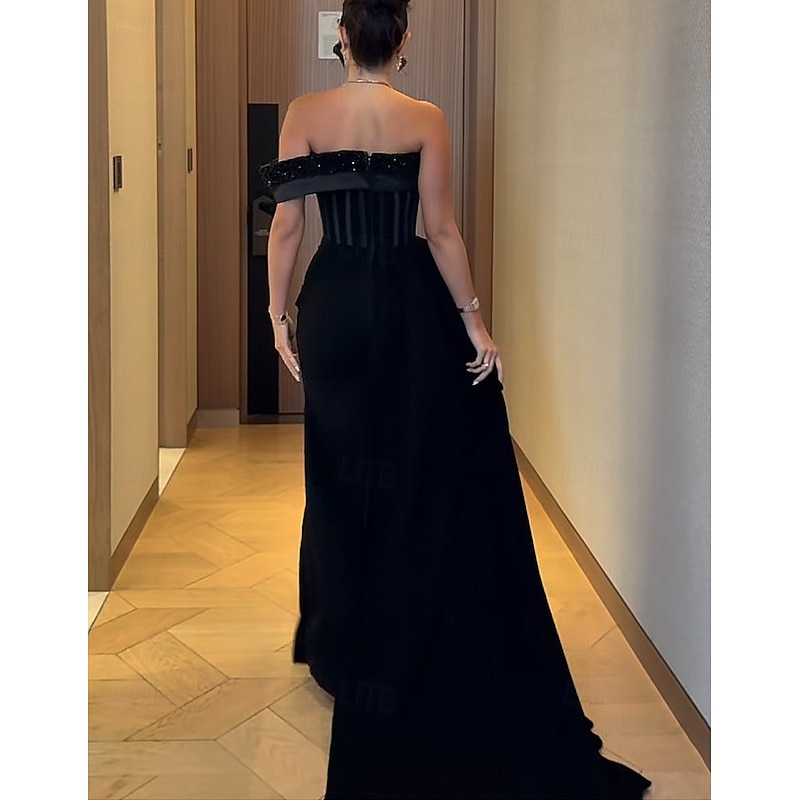 Black Tie Mermaid / Trumpet Evening Gown Elegant Formal Dress Formal Wedding Court Train Sleeveless Off Shoulder Satin with Ruched Crystals Overskirt 20253