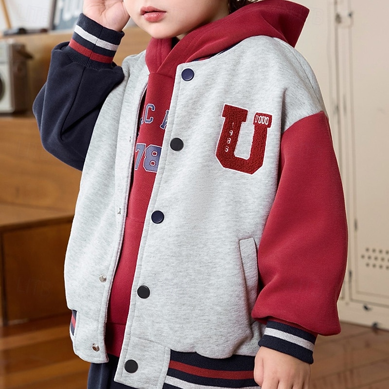 Kids Unisex Baseball Jackets Outerwear Color Block Long Sleeve Comfort Buttons Soft Coat Outdoor Fashion Daily Blue Gray Spring Fall 4 years+