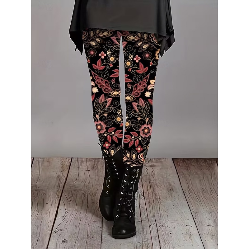 Women's Leggings Vacation Vintage Fashion Full Length High Waist Floral Graphic Printing Thermal Warm Soft Breathable Stretchy Formal Outdoor Vacation Red Blue Rainbow Spring Fall Slim Fit3