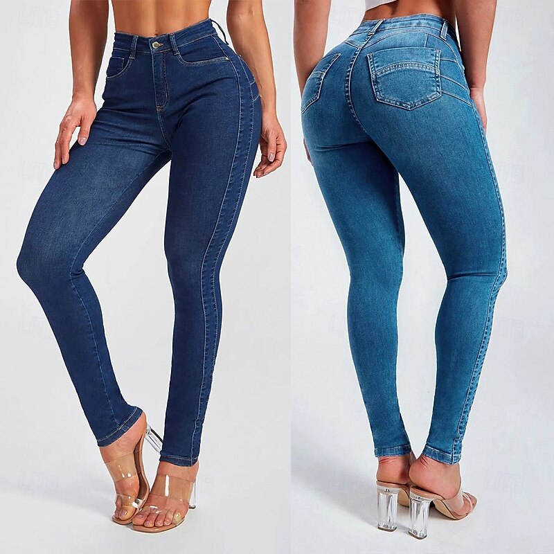 Women's Jeans Shapewear Vacation Vintage Casual Full Length High Waist Plain Elastic Waistband Soft Comfortable Stretchy Outdoor Sports & Outdoor Dark Blue Light Blue Summer Spring Skinny