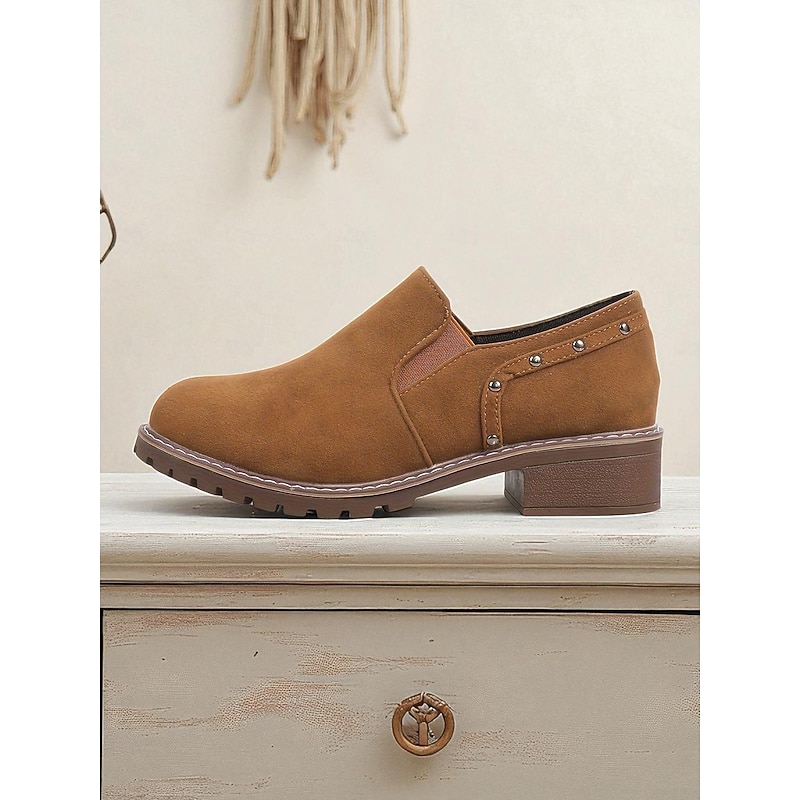 Women's Light Brown Slip-On Shoes with Studded Detail, Casual Retro Style Low Heel Shoes for Daily Wear2