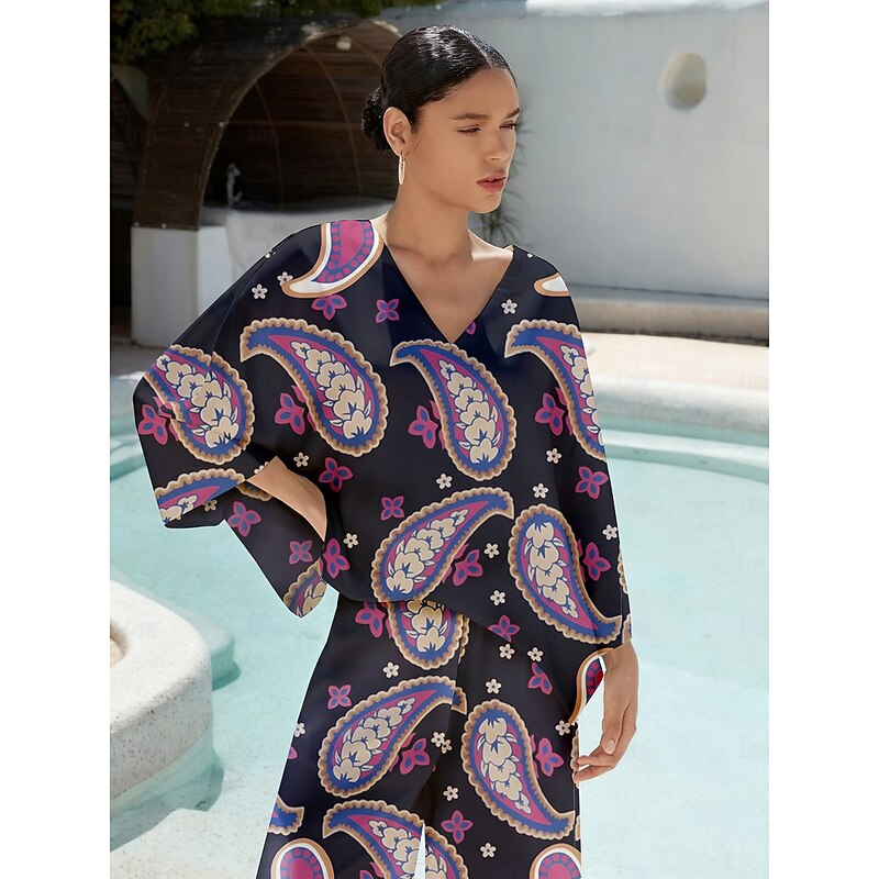 Women's Blouse Smooth Satin Purple Paisley Print Loose Fit V Neck Pullover Short Top3