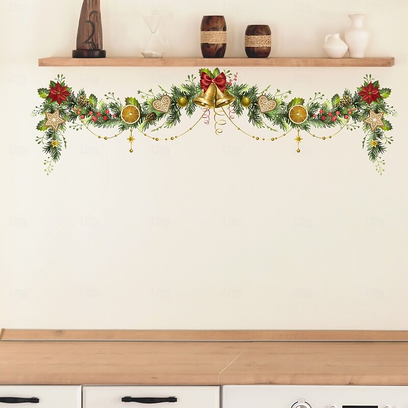 Christmas Sticker Wall Decals Pine Branch Bell Wreath Removable Vinyl Mural Holiday Party Living Room TV Background Wall Decoration Self Adhesive Home Festival Atmosphere2