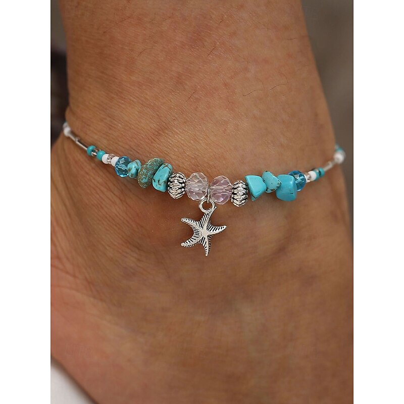 Women's Bohemian Beaded Anklet with Starfish Pendant, Adjustable Beach Foot Jewelry for Summer, Vacation and Parties