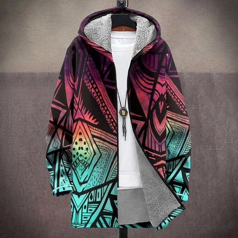 Men Geometric Pattern Winter Coat Fleece Jacket Coat Thermal Warm Comfortable Casual Daily Wear Zipper Pocket 3D Print Fall Winter Hooded Long Sleeve Black Green2