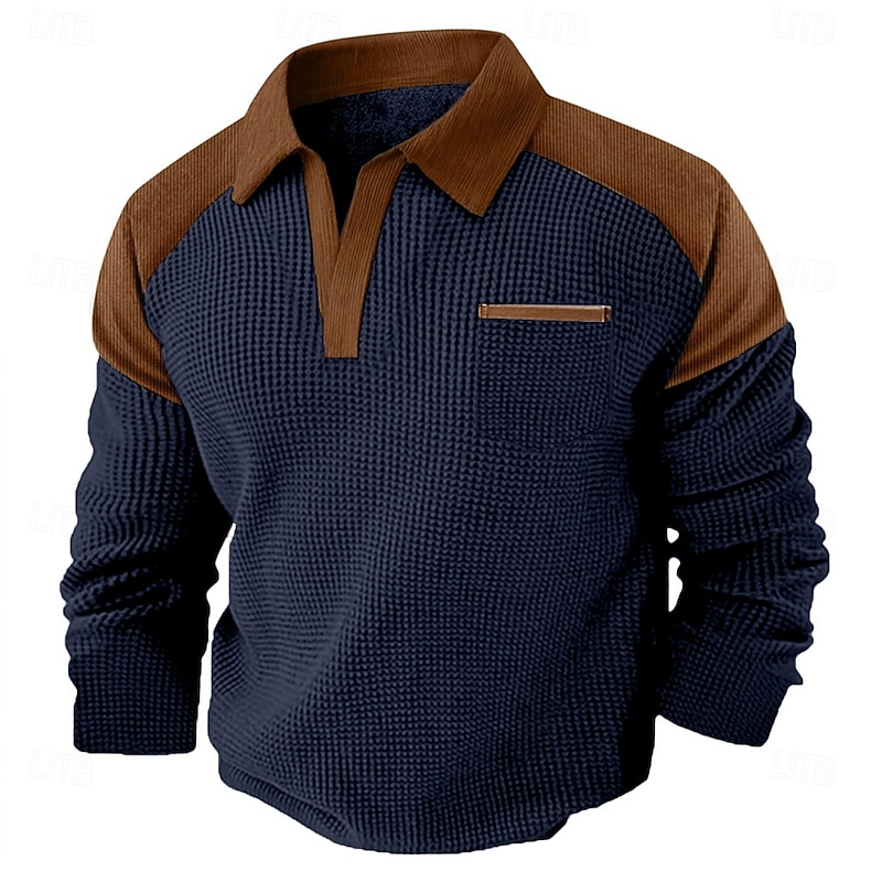Men's Waffle Tee Long Sleeve V Neck Lapel Fall Spring &  Fall Solid Color Fashion Basic Casual Color Block Street Casual Sports Black Navy Blue khaki Top Tee for Men