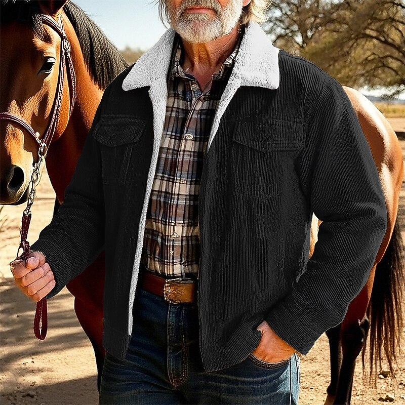 Men's Winter Jacket Corduroy Jacket Fleece Jacket Casual Jacket Vacation Daily Thermal Warm Pocket Fleece Fall Winter Plain Fashion Streetwear Lapel Regular Black Khaki Coffee Gray Jacket2