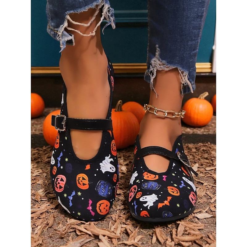Women's Halloween Mary Jane Flats – Vintage Ghost and Pumpkin Print Shoes with Buckle Strap for Costume Party, Trick-or-Treat and Casual Wear