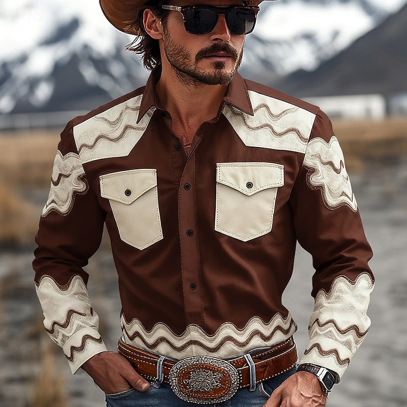 Men's Geometric Pattern Western Shirt Button Up Shirt Cowboy Shirt Long Sleeve Vintage Retro Outdoor Daily WorkWear Fall & Winter Turndown 3D Print Front Two Pockets Linen Like Shirt Brown Green