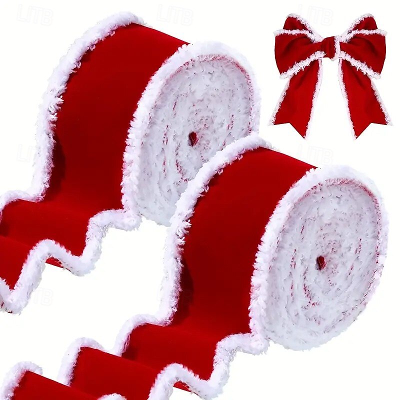 2 Rolls Christmas Red Velvet Ribbon, 2m Each Roll, 80% Nylon 20% Cotton Craft Ribbon for DIY Wreaths, Holiday and Seasonal Decorations for Christmas, Valentine’s Day, Independence Day, Fall & Winter - Main Image