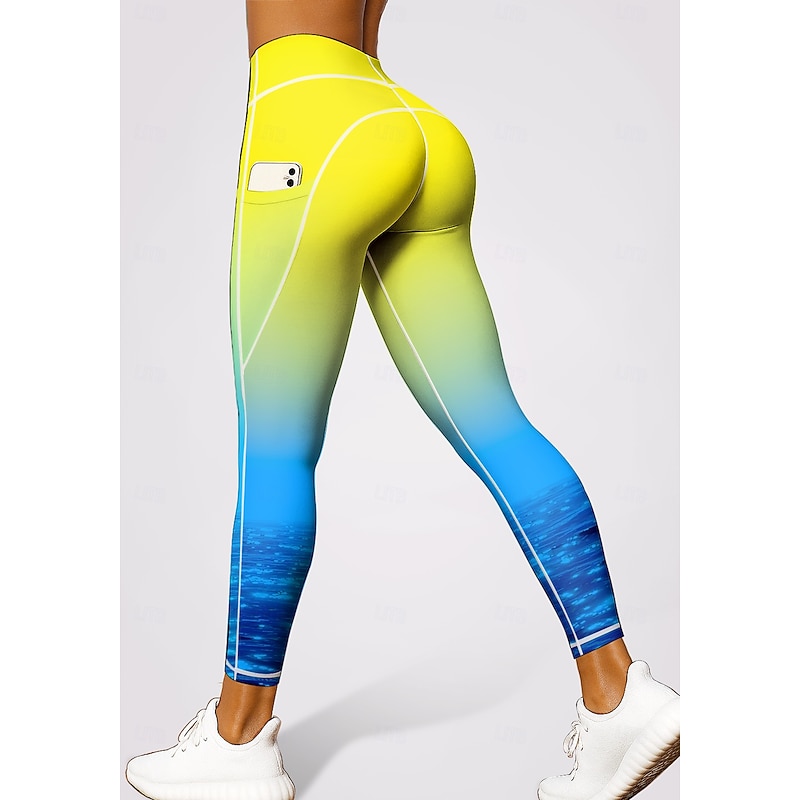 Women's pilates leggings fitness pants Gym Leggings Pockets Stamp Duty Side Pockets Pilates Gym Gym Workout Pants Tights Leggings Color Block Color Gradient Blue+Yellow Sports Activewear High