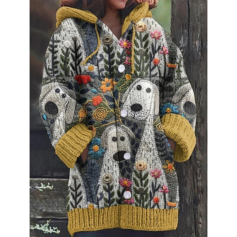 Women's Sweater Cardigan Casual Soft Graphic Geometric Color Block Ribbed Hooded Pocket Buttons Knitted Long Sleeve Long Tops Knit Outdoor Daily Weekend Yellow Green Fall Winter