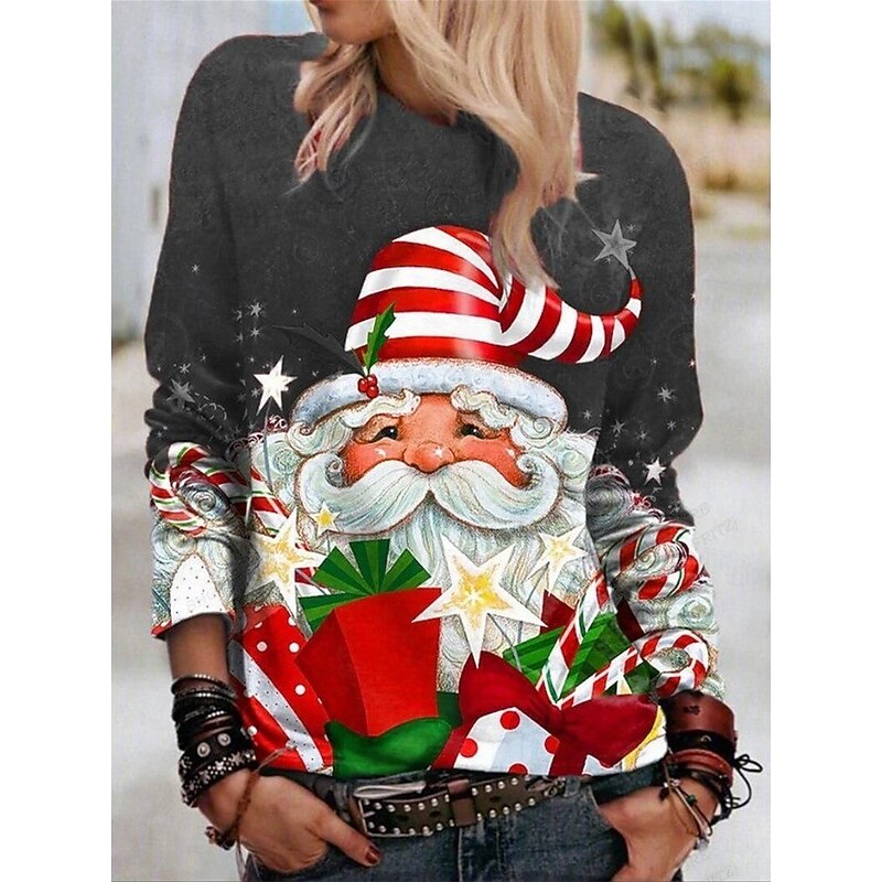 Christmas Women's T Shirt Graphic Santa Claus Vintage Fashion Stylish Long Sleeve Crew Neck Round Neck Regular Tops Daily Weekend Print Black White Pink Red Blue Spring Fall Winter4