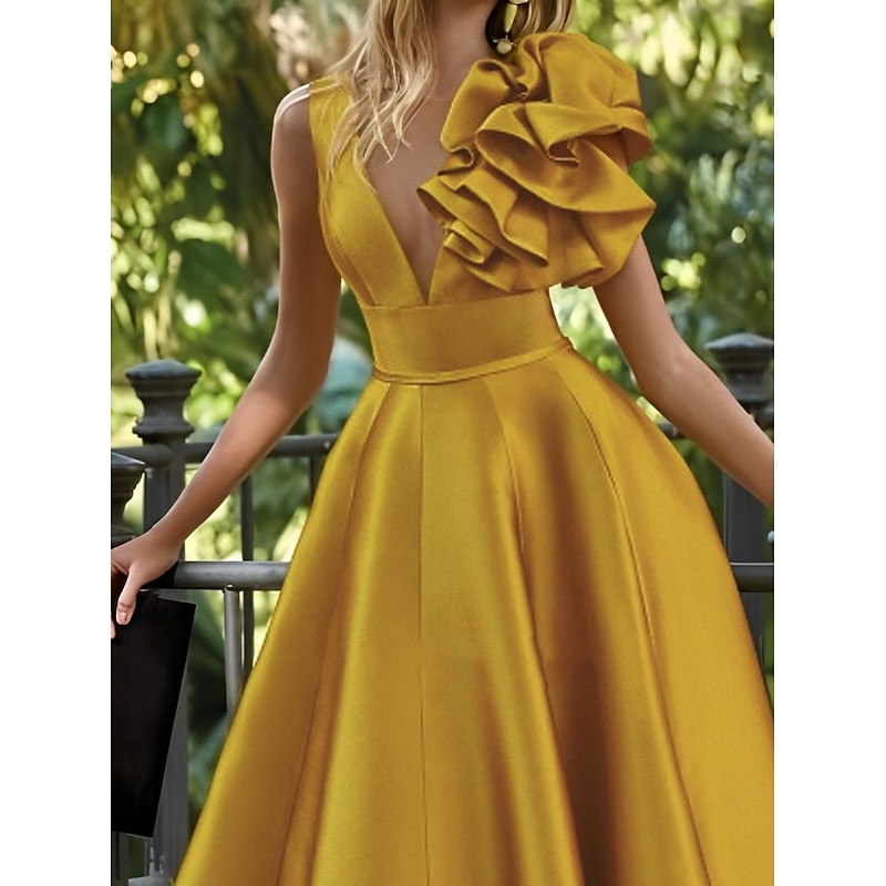 Beach Wedding A-Line Gold Evening Gown Elegant Dress Formal Wedding Guest Floor Length Sleeveless V Neck Satin with Shouder Flower3