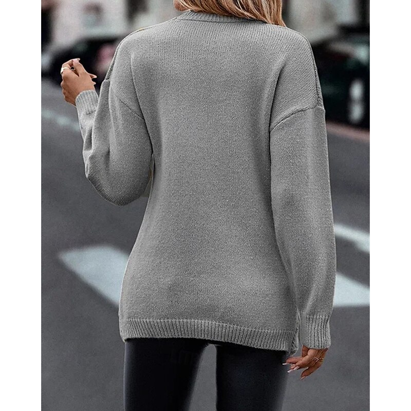 Women's Sweater Pullover Elegant Fashion Streetwear Solid Color Ribbed V Neck Knitted Asymmetric Hem Long Sleeve Regular Tops Knit Outdoor Daily Weekend Gray Fall Winter4