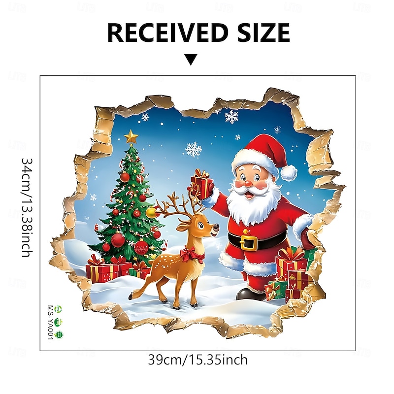 Christmas Sticker Wall Decals Creative 3D Broken Wall Cartoon Santa Claus Removable Vinyl Mural Holiday Party Living Room Office Background Wall Decoration Home Festival Atmosphere3