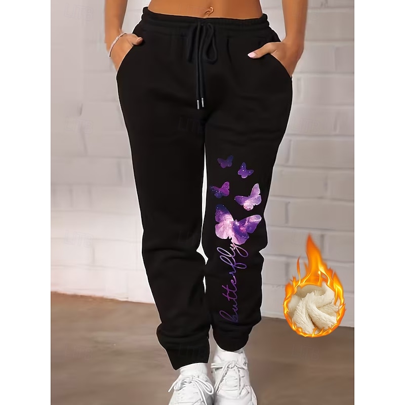 Women's Sunday Shorts Casual Daily Casual Casual / Sporty Full Length High Waist Butterfly Drawstring Pocket Fleece Thermal Warm Windproof Comfy Micro-elastic Home Daily Holiday Dark Gray Combo Black