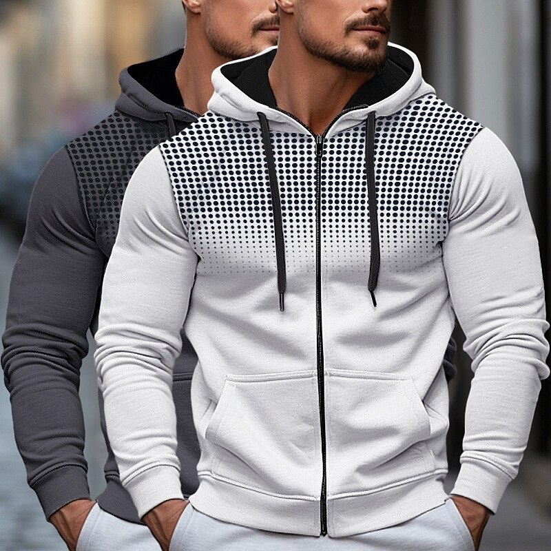 Men's Hoodie Full Zip Hoodie Fleece Hoodie White+Red Red+Gray White+Black White+Gray Black+Gray Hooded Polka Dot Plain Zipper Color Block Sports & Outdoor Casual Daily Streetwear Cool Sportswear2