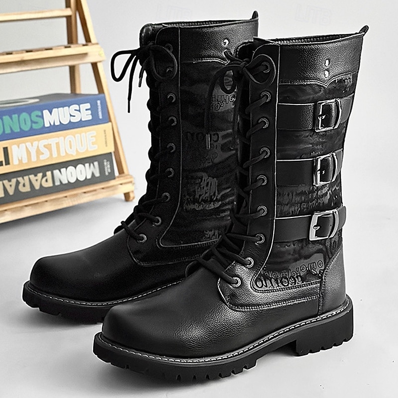 Men's Black Faux Leather Combat Boots – High Lace-Up Military Style with Buckle Straps for Biker, Gothic Fashion, Stage Performance and Halloween