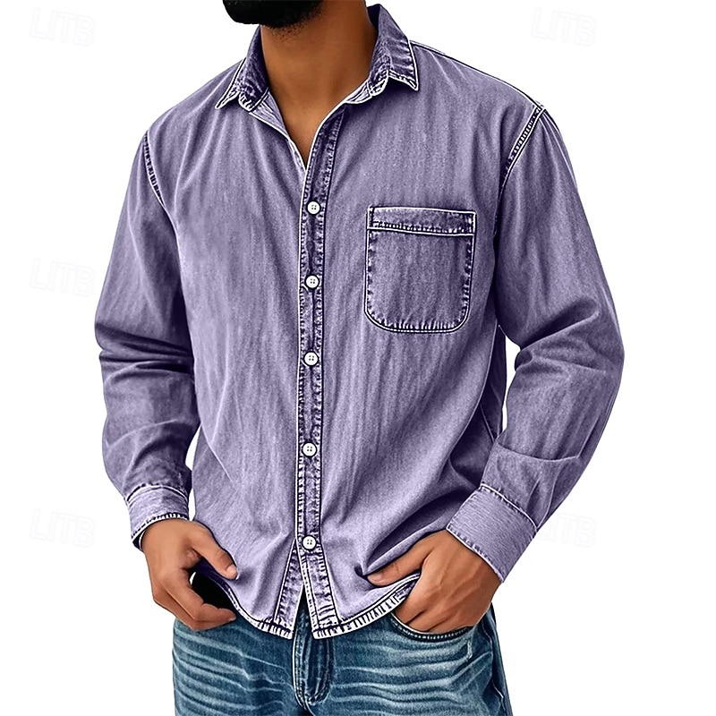 Men's Shirt Casual Shirt Vintage Shirt Button Up Shirt Black Light Green Wine Navy Blue Blue Long Sleeve Plain Lapel Going out Streetwear Pocket Clothing Apparel Fashion Retro Vintage