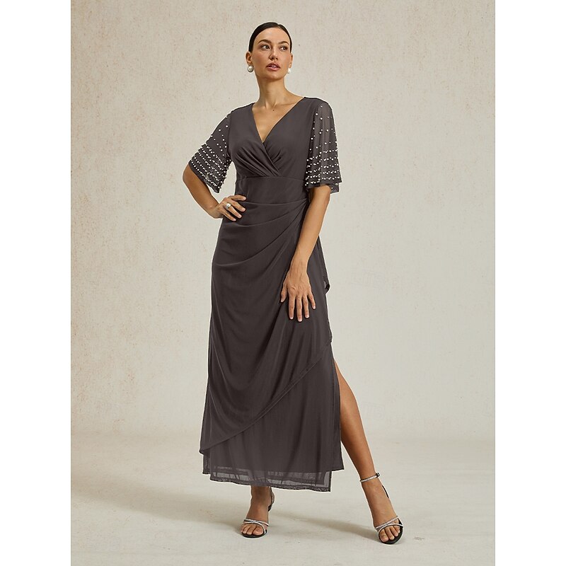 Women's Maxi Dress Sheath Dress Elegant Solid Color Short Sleeve V Neck Dark Gray Summer Spring Fall2