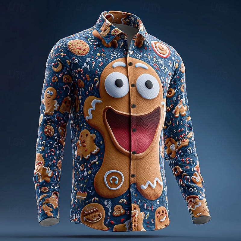 Christmas Men's 3D Cartoon Smile Face Gingerbread Man Shirt Button Up Shirt Long Sleeve Funny Outdoor Holiday Spring Fall Turndown 3D Print Collared Shirts Blue Green Khaki
